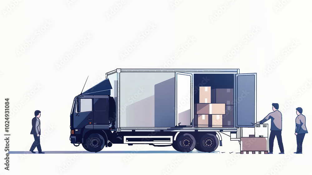 Aufkleber delivery truck is shown unloading boxes with two workers assisting in process, showcasing teamwork a