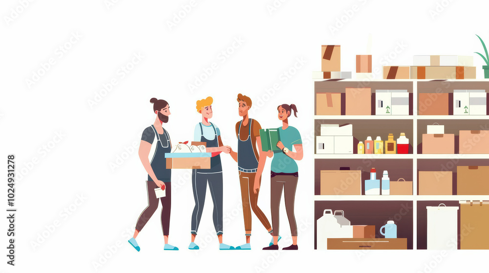 Poster four diverse individuals are engaged in lively conversation while holding boxes and items in storage