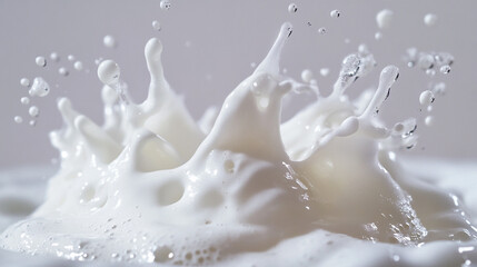 White milk splash captures dynamic movement against a soft gray background during a creative shoot