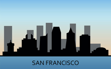 Fototapeta premium Black silhouette of San Francisco city skyline with reflection in the water on the blue sky background. Vector graphics