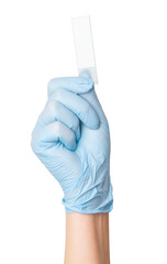 Hand in medical gloves holding an empty microscope slide on an empty background. Laboratory use, scientific analysis, healthcare applications.