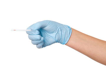 Hand in medical gloves holding a microscope slide with a drop of blood on an empty background....