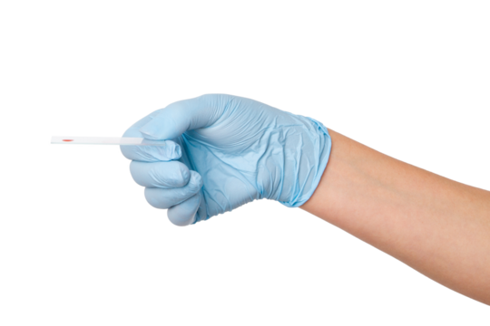 Hand in medical gloves holding a microscope slide with a drop of blood on an empty background. Laboratory analysis, medical diagnostics, healthcare research.