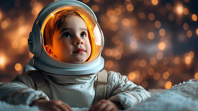 kid space explorer. Astronaut boy with space helmet. Created with Generative AI.