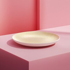 A sleek, modern 3D white plate with minimal yellow geometric patterns on a soft pink platform