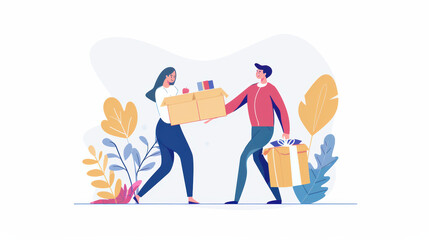 couple exchanging gifts with joy, surrounded by plants and colorful boxes, symbolizes love and celebration