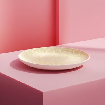 A sleek, modern 3D white plate with minimal yellow geometric patterns on a soft pink platform