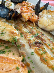 Grilled seafood platter featuring fish, shrimp, scallops, and mussels garnished with herbs