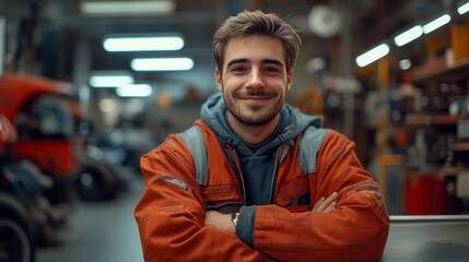 Man in a blue uniform is smiling and standing in a garage. auto mechanic, with a smile and thumbs up, standing in front of an empty table, gazing at the desktop, in the background an auto repair shop