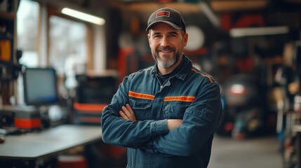 Man in a blue uniform is smiling and standing in a garage. auto mechanic, with a smile and thumbs up, standing in front of an empty table, gazing at the desktop, in the background an auto repair shop