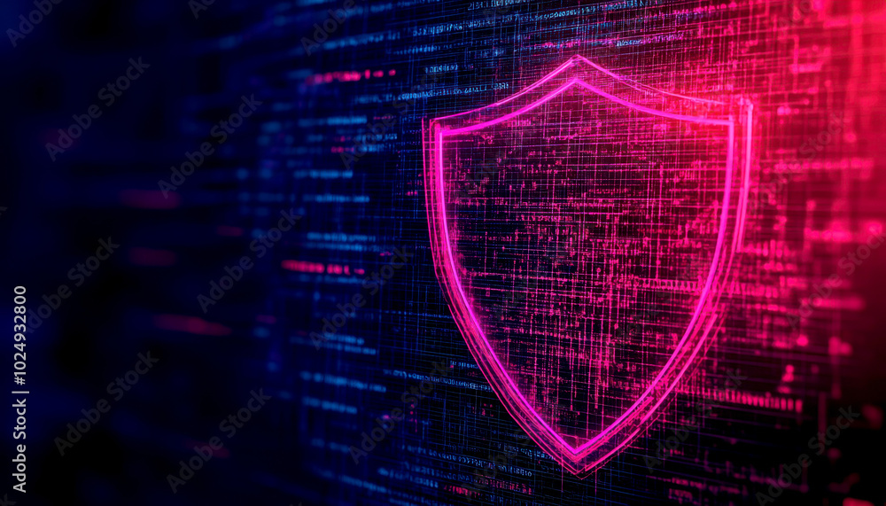 Poster digital shield symbol representing cybersecurity and protection in vibrant, abstract background. ima