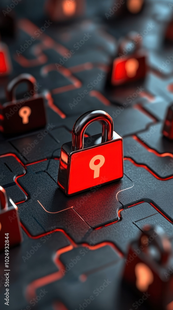 Poster digital representation of security with red locks on circuit like background, symbolizing protection