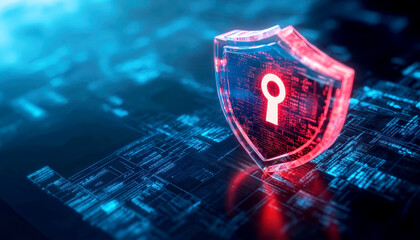 Digital security shield with keyhole symbol represents advanced protection against cyber threats. vibrant colors and intricate background convey sense of innovation and safety in technology