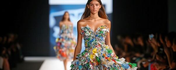 Fashion model wearing a dress made of plastic waste on a runway, Fast Fashion, sustainability, environmental statement, concept art