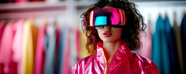 woman wearing futuristic augmented reality glasses stands in vibrant boutique filled with colorful clothing. scene captures blend of technology and fashion, evoking sense of innovation and style