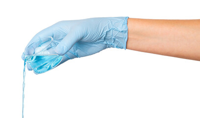 Hand in medical gloves pouring blue liquid from a flask on an empty background. Laboratory experiments, scientific research, healthcare applications.