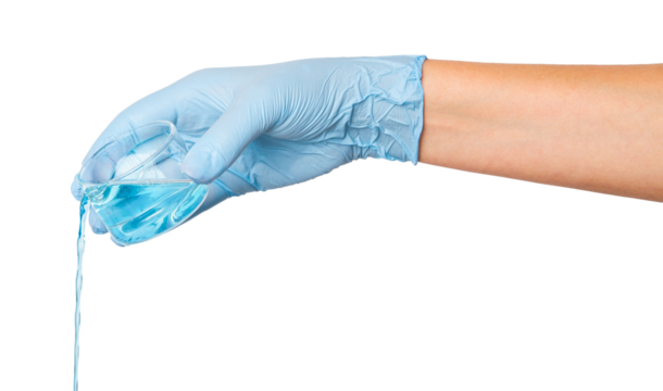 Hand in medical gloves pouring blue liquid from a flask on an empty background. Laboratory experiments, scientific research, healthcare applications.