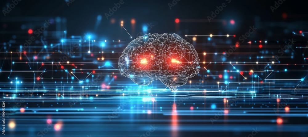 Poster artificial intelligence brain on neon grid, connecting futuristic ai, machine learning technology.
