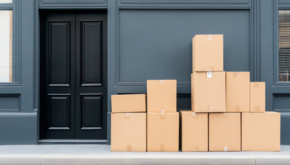 Delivery boxes stacked neatly outside boutique storefront, showcasing modern urban aesthetic. arrangement adds touch of anticipation and excitement to scene