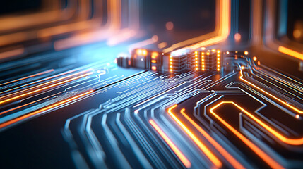Fototapeta premium close up view of futuristic circuit board with glowing lines and intricate patterns, showcasing technology and innovation. vibrant colors create dynamic and engaging atmosphere