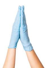 Hands in medical gloves folded in a prayer position on an empty background. Spirituality,...