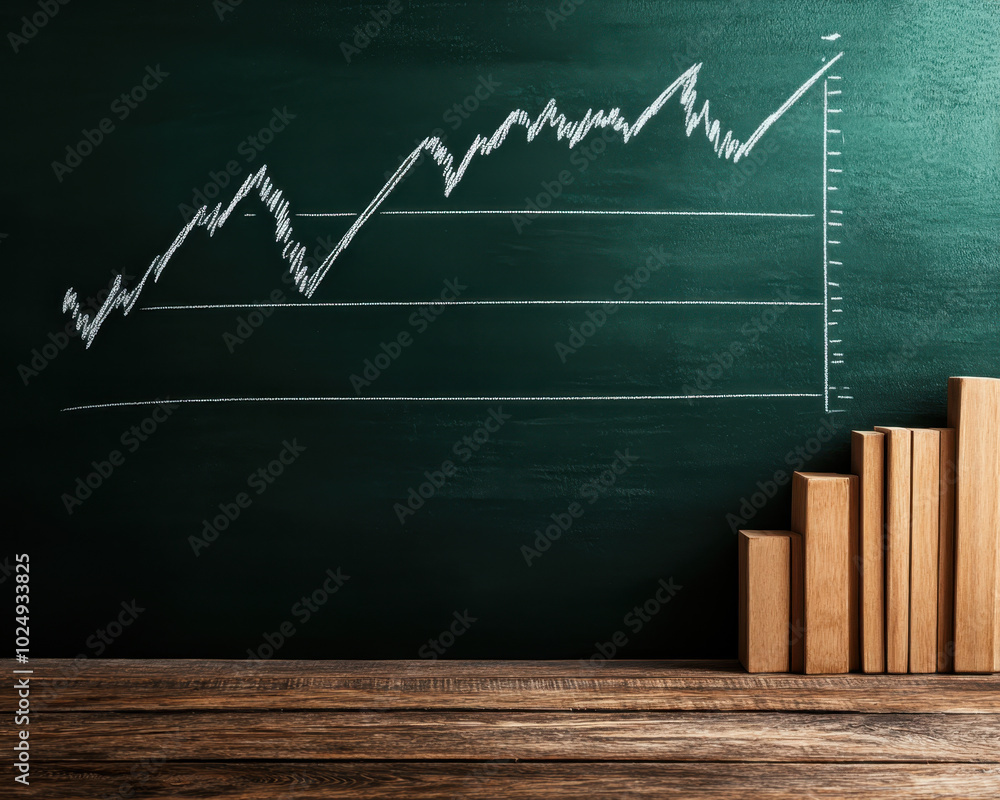 Poster chalkboard displaying growth chart with rising line graph and wooden blocks representing data. this 