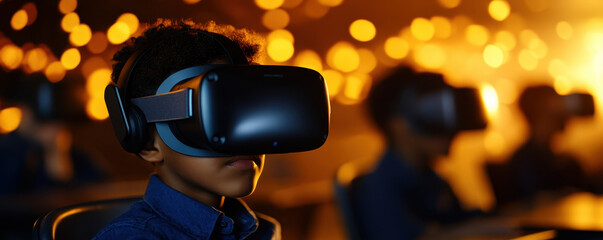 Immersive learning experience in classroom with students using virtual reality headsets, showcasing engagement and excitement in education