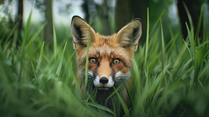 Fototapeta premium close up of red fox peering through tall green grass, showcasing its striking features and alert expression. lush environment adds to natural beauty of this wild animal
