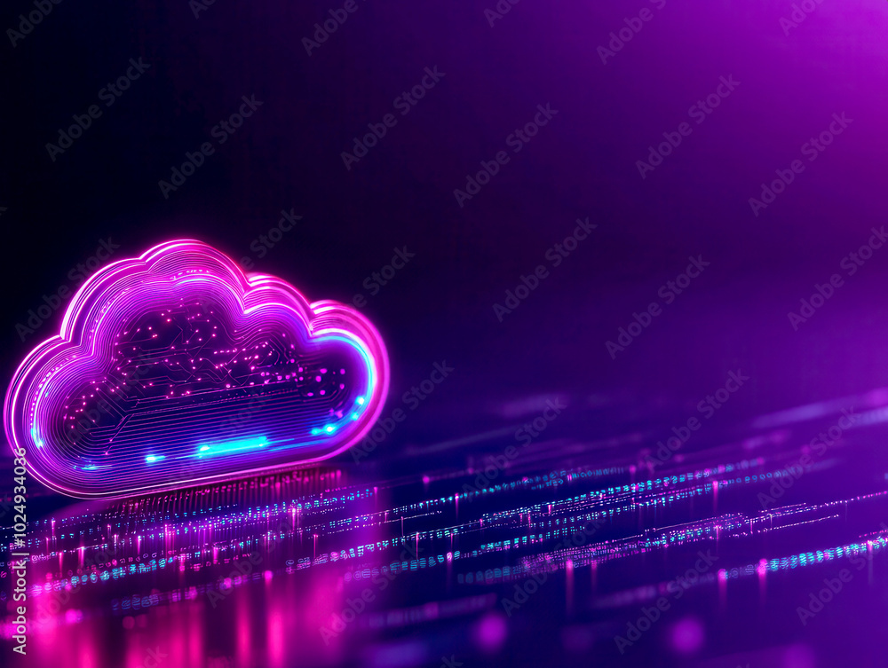 Poster vibrant cloud symbol representing digital technology and data storage, illuminated with neon colors,