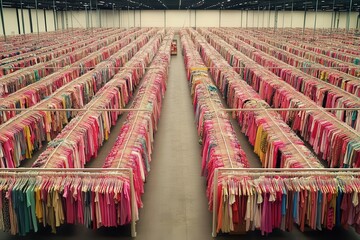 Massive fast fashion warehouse filled with endless racks of identical clothing, Fast Fashion, overproduction, retail excess, consumerism