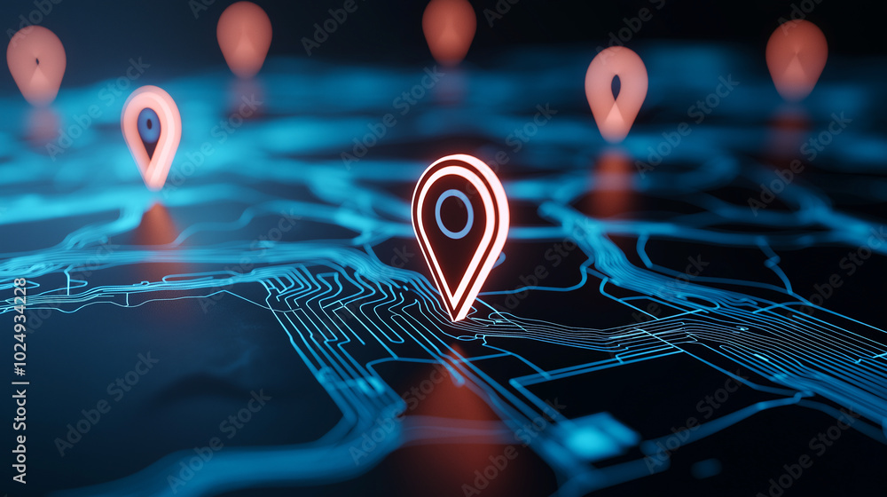 Poster digital map with glowing location pins, showcasing modern navigation system. vibrant blue lines and 