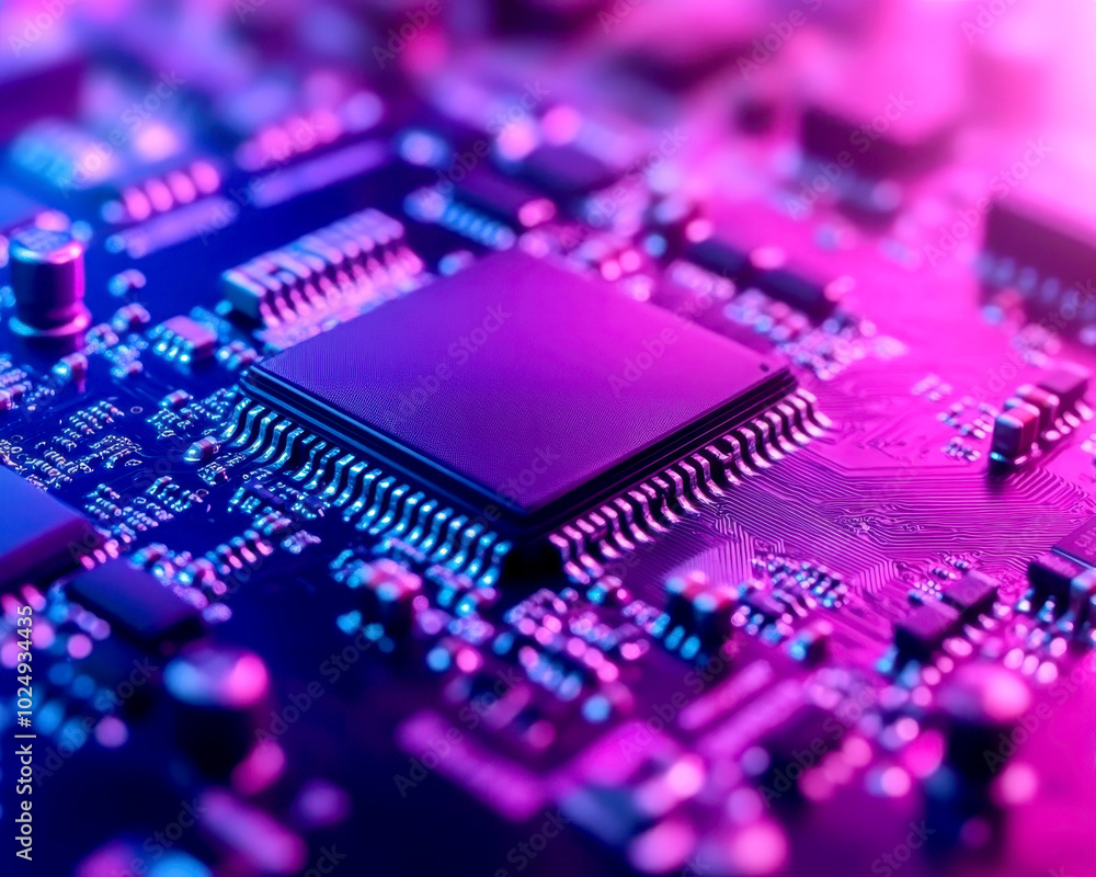 Poster high speed processor on circuit board with vibrant colors and intricate details, showcasing cutting 
