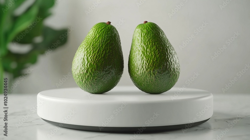 Wall mural two ripe avocados on a white pedestal, with a blurred green leaf in the background.