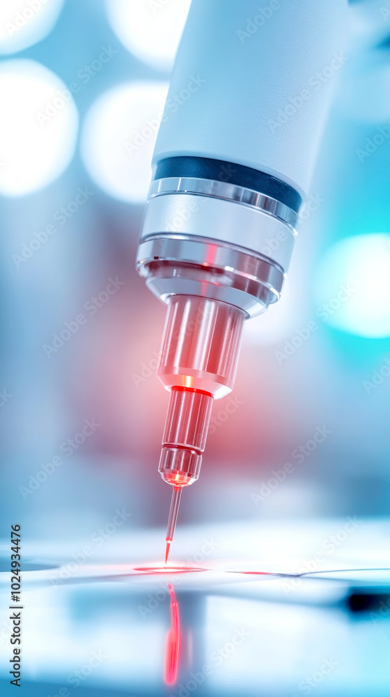 Poster high tech biotech equipment is shown performing non invasive procedure with precision. advanced lase