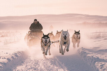 Husky Sled Dogs Racing Through Snowy Landscape