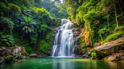 Fototapeta premium Scenic medium shot of a majestic waterfall in the mountains surrounded by lush greenery