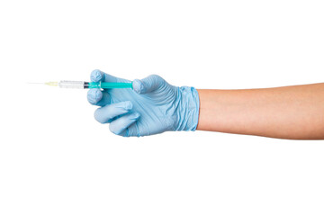 Hand in medical gloves holding a syringe with a needle on an empty background. Medical administration, injections, healthcare practices.