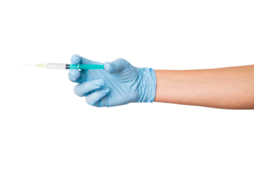 Hand in medical gloves holding a syringe with a needle on an empty background. Medical administration, injections, healthcare practices.