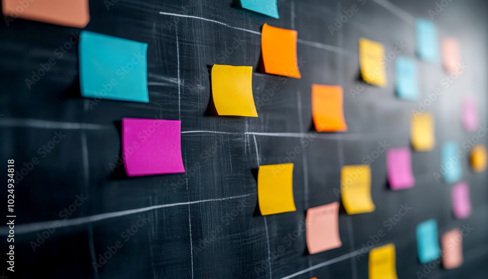 Poster collaborative mind map on digital whiteboard featuring colorful sticky notes in various shapes and s