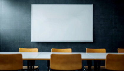 modern classroom featuring blank whiteboard and wooden chairs arranged around table, creating collaborative learning environment