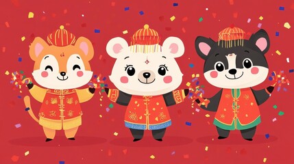 Naklejka premium Festive Animal Characters in Colorful Celebration Attire