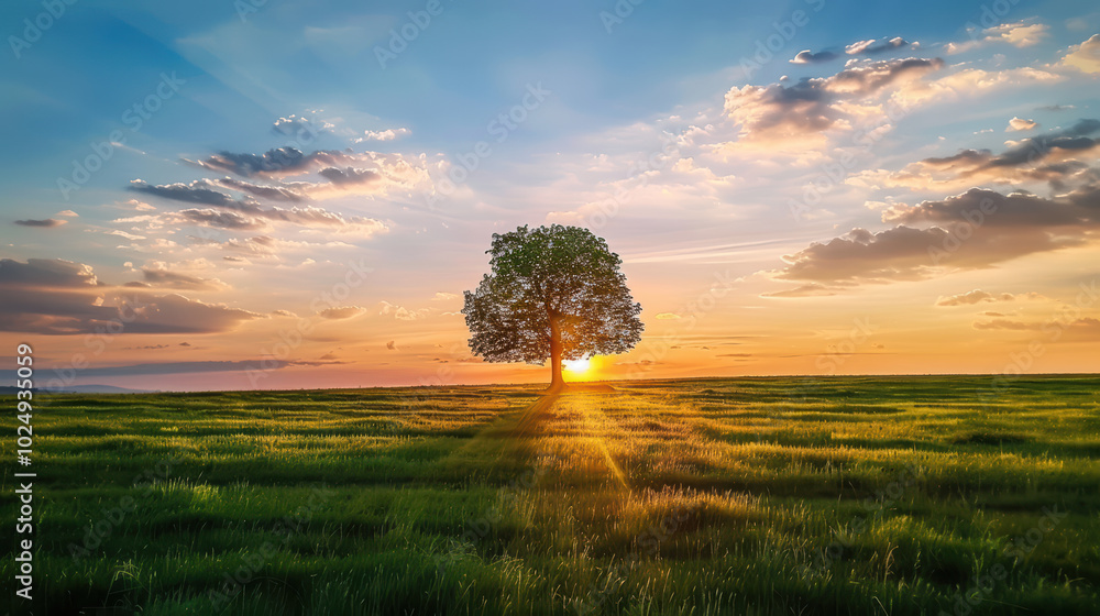 Poster majestic tree stands alone in vibrant green field, illuminated by warm glow of setting sun. sky is p