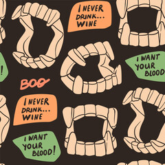 Vampire plastic Jaws. Fake Dracula teeth with fangs. Hand drawn modern Vector illustration. Halloween party, costume, decoration, kids toy, textile print concept. Square seamless Pattern, background