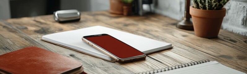 Someone is writing on a notebook with a phone on top