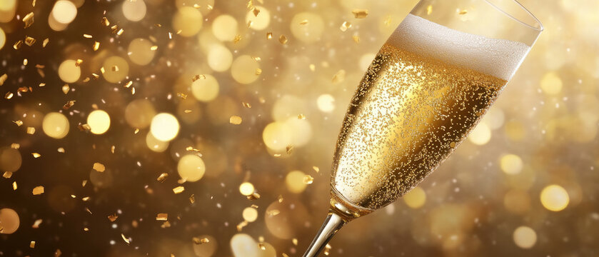 Elegant gold glitter background for a 50th birthday or wedding anniversary celebration, featuring sparkling confetti and champagne accents.