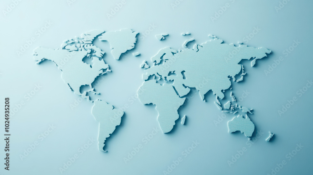 Poster minimalist world map design in light blue, showcasing continents with textured appearance. this arti