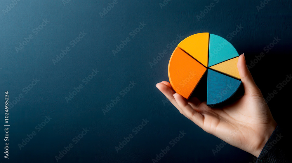 Poster dynamic pie chart representing diverse portfolio allocation in hand, showcasing vibrant colors and s