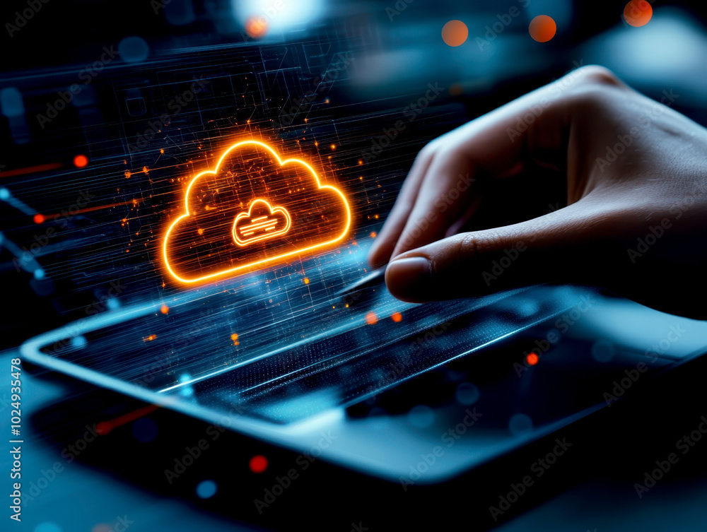 Aufkleber hand interacting with digital interface, showcasing glowing cloud symbol representing cloud computin