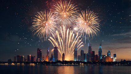 Big city Megapolis photo from the sea celebrating New Year fireworks are launched in the night sky
