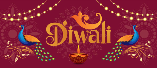 A red background with string lights and mandala patterns In the center Diwali is written in festive golden script flanked by two peacocks with a diya below conveying joy and celebration